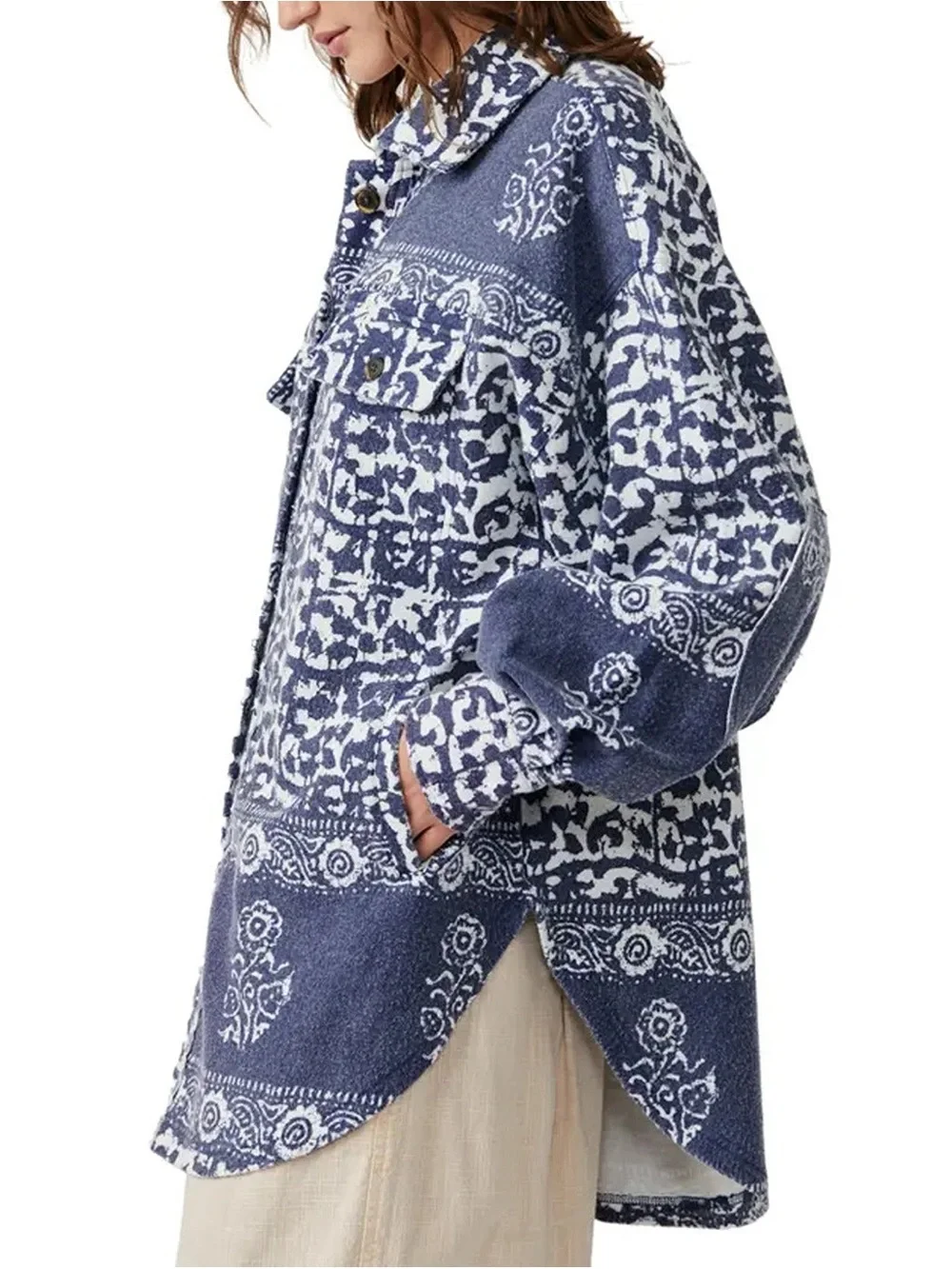 Free People Navy and White Abstract Print Button Jacket